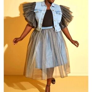 Tulle Layered Midi Denim Skirt & Jacket